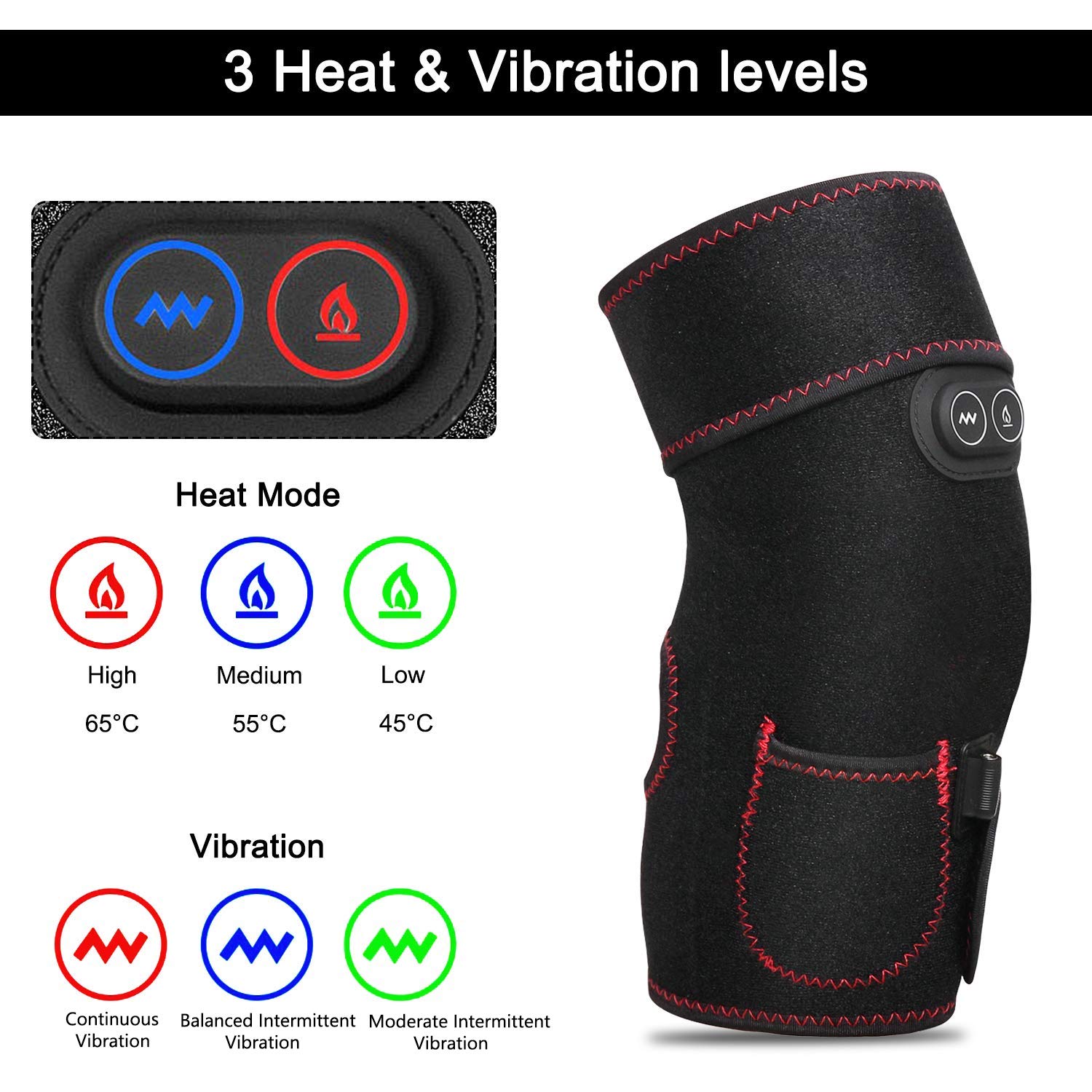 Heated Knee Brace Wrap, 3 Adjustable Heat and Vibration Knee Massager for Arthritis Knee Pain Relief Massaging Knee Pad with AC Adapter (No Battery)