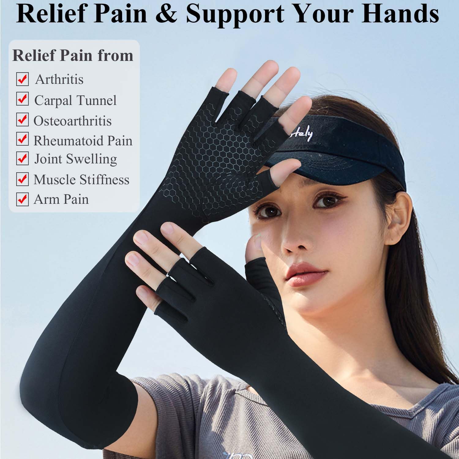 Long Copper Arthritis Gloves for Carpal Tunnel, Compression Gloves for Hand Pain Relief, Wrist Arm Support, Fingerless Typing Gloves for Rheumatoid, Tendonitis, Fits Women Men, 1 Pair