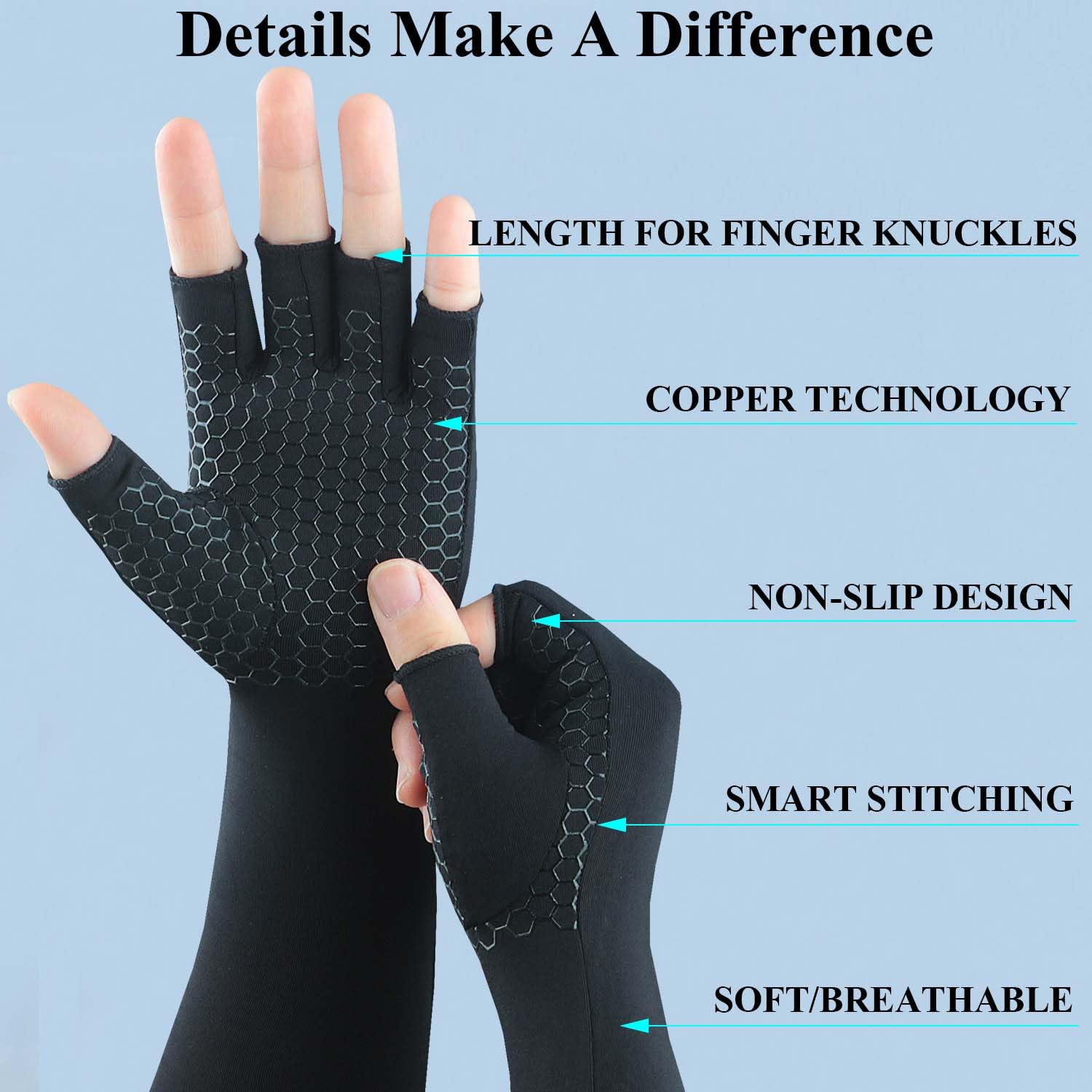 Long Copper Arthritis Gloves for Carpal Tunnel, Compression Gloves for Hand Pain Relief, Wrist Arm Support, Fingerless Typing Gloves for Rheumatoid, Tendonitis, Fits Women Men, 1 Pair