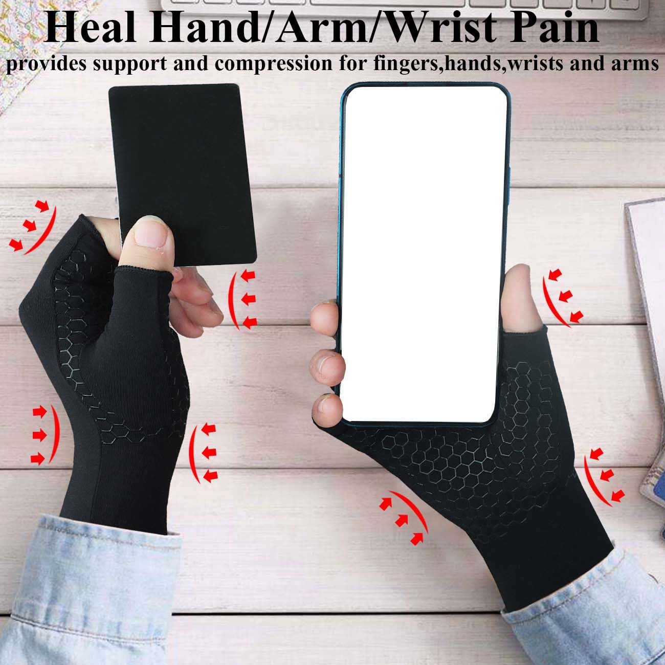 Long Copper Arthritis Gloves for Carpal Tunnel, Compression Gloves for Hand Pain Relief, Wrist Arm Support, Fingerless Typing Gloves for Rheumatoid, Tendonitis, Fits Women Men, 1 Pair