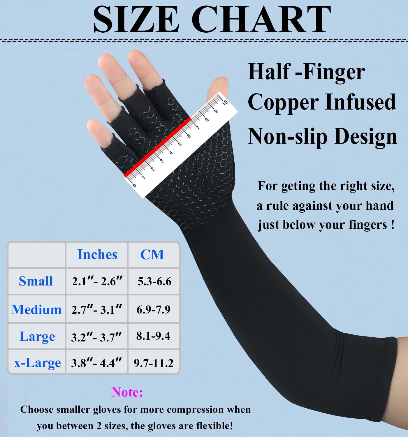 Long Copper Arthritis Gloves for Carpal Tunnel, Compression Gloves for Hand Pain Relief, Wrist Arm Support, Fingerless Typing Gloves for Rheumatoid, Tendonitis, Fits Women Men, 1 Pair