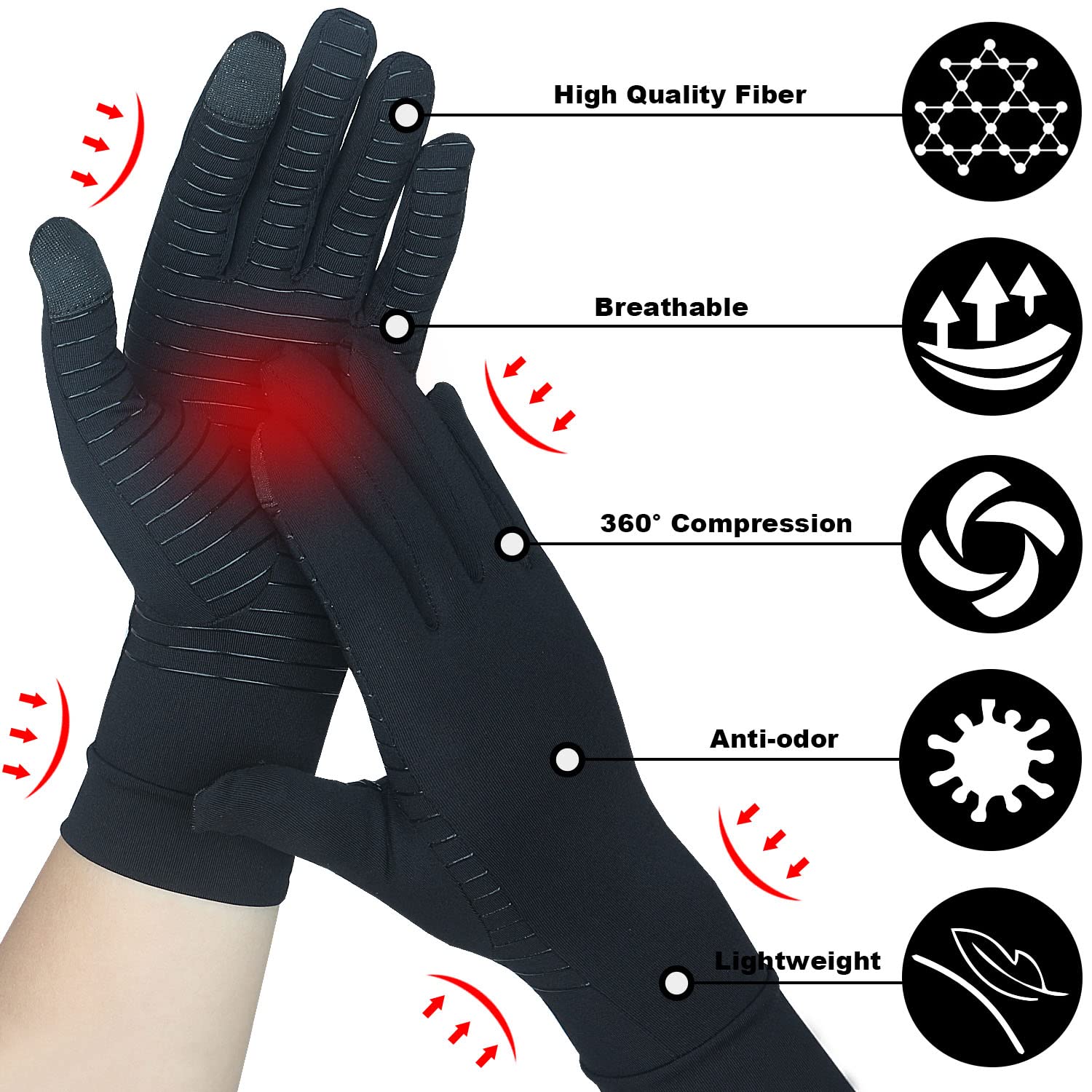 2 Pairs Full Finger Copper Arthritis Gloves with Touchscreen Tip, Compression Gloves for Women Men, Relief for Rheumatoid, Osteoarthritis, Carpal Tunnel, Hand Pain, Tendonitis, Computer Typing